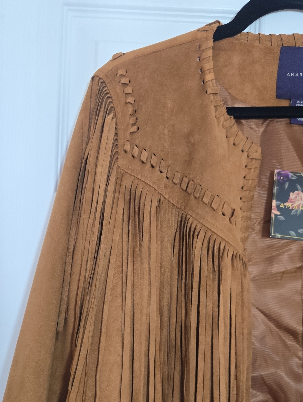Amaryllis Faux Suede Fringe Jacket M Camel Brown Western Boho Cropped NWT - Picture 5 of 17